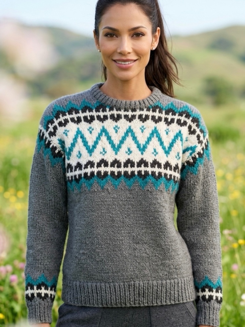 Artisan Vintage Cottagecore Gray Teal Hand Knit Wool Fair Isle Style-M/L